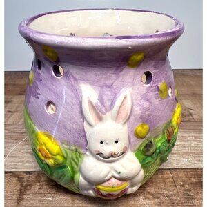 Hand-Painted Ceramic Bunny Tealight Holder With Spring Flowers Purple & Green